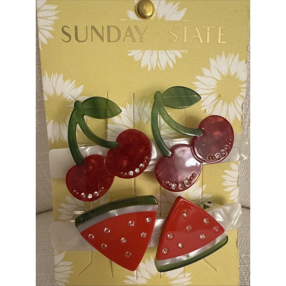 Sunday State Summer HAIR CLIPS 2pk CHERRIES and WATERMELON Barrette Whimsical‎